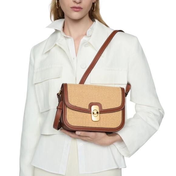 Mango Raffia Effect Shoulder Bag Straw Crossbody Bag Brown - Picture 1 of 13
